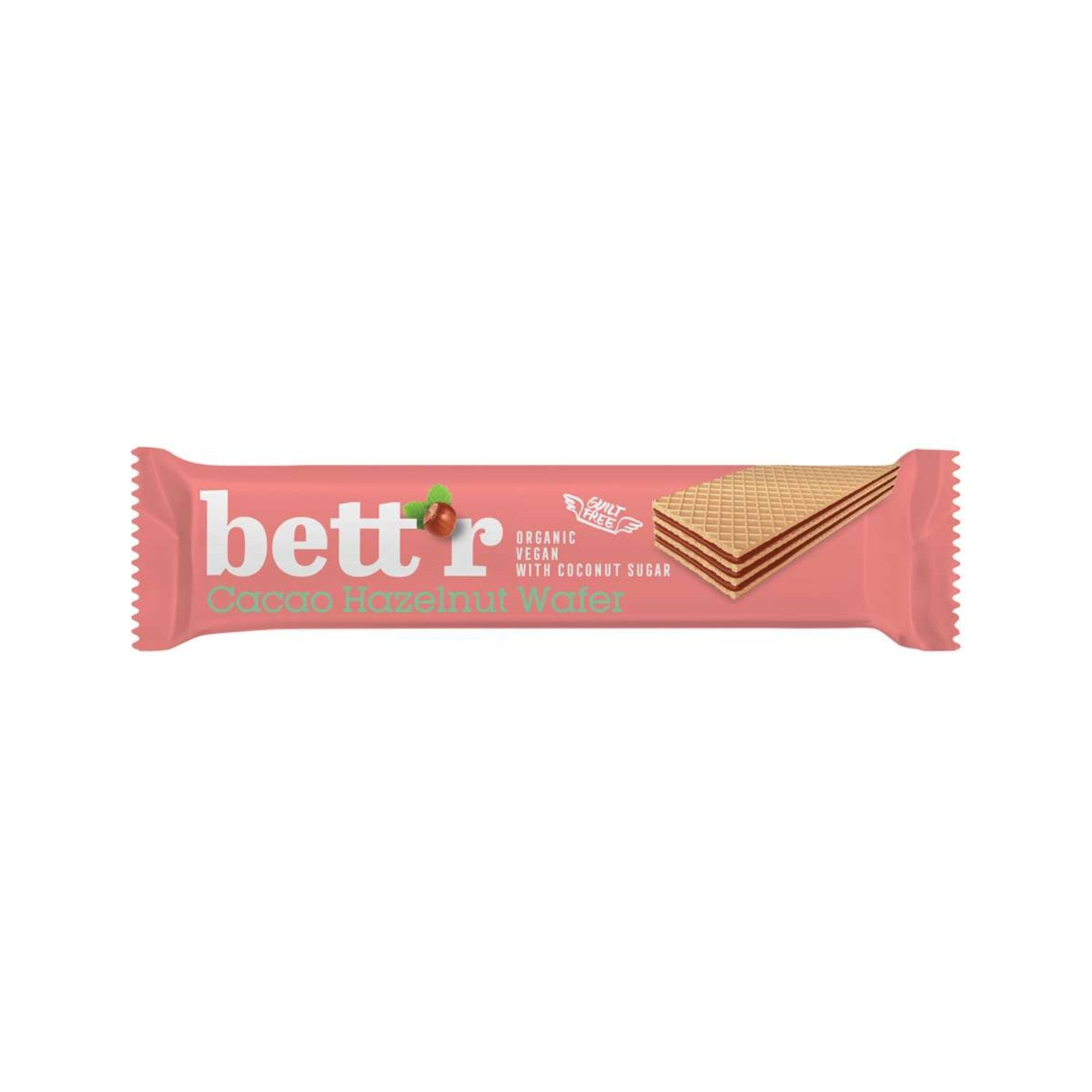 Bettr20Organic20Cocoa20Hazelnut20Wafer2030g.jpg Bett'r Organic Gluten Free Hazelnut Cacao Cream Filled Wafer 30g - Image 1