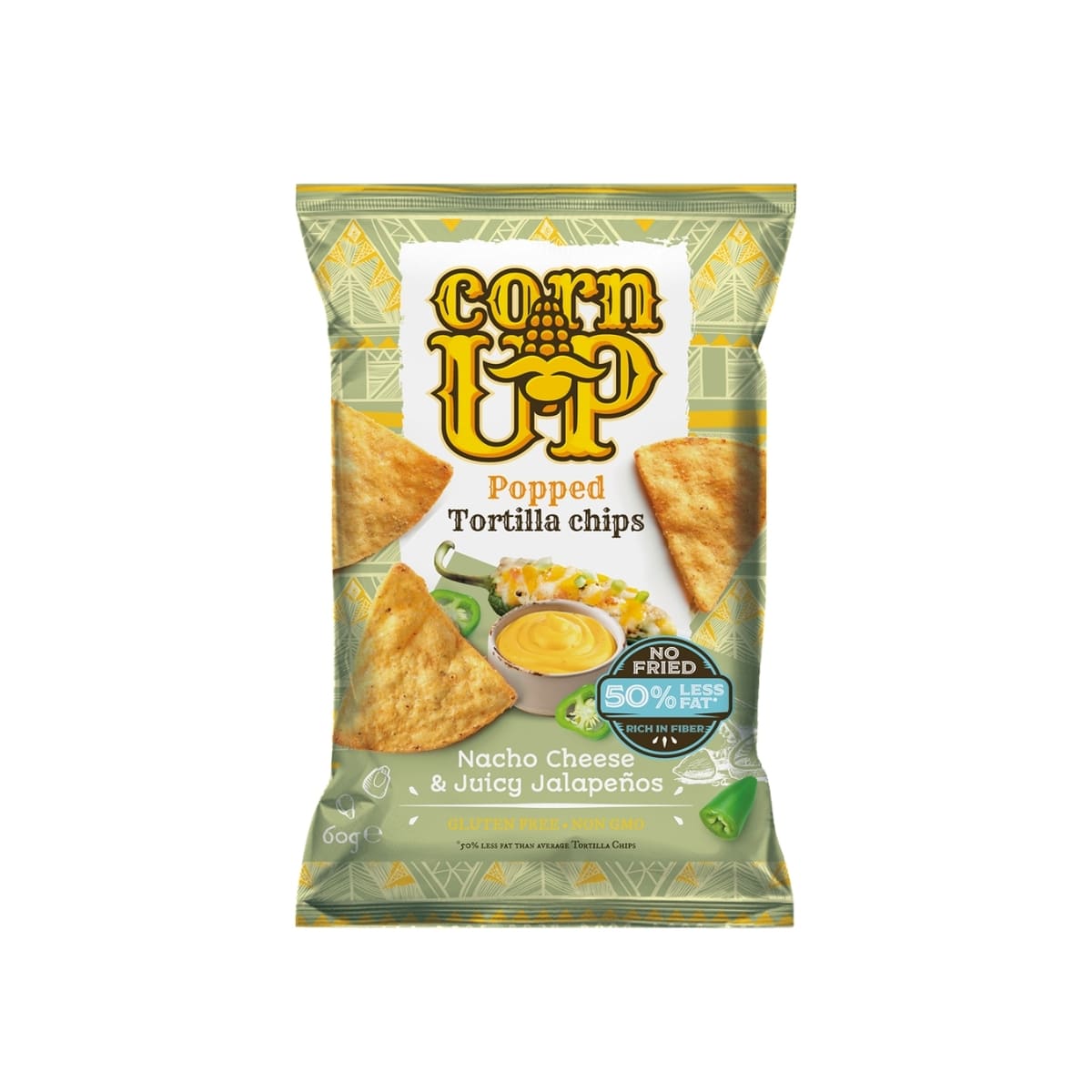 CornUP! Popped Tortilla Chips Nacho Cheese and Juicy Jalapenos 60g CornUp! Popped Tortilla Chips Nacho Cheese and Juicy Jalapenos 60g โ light air-popped corn snack