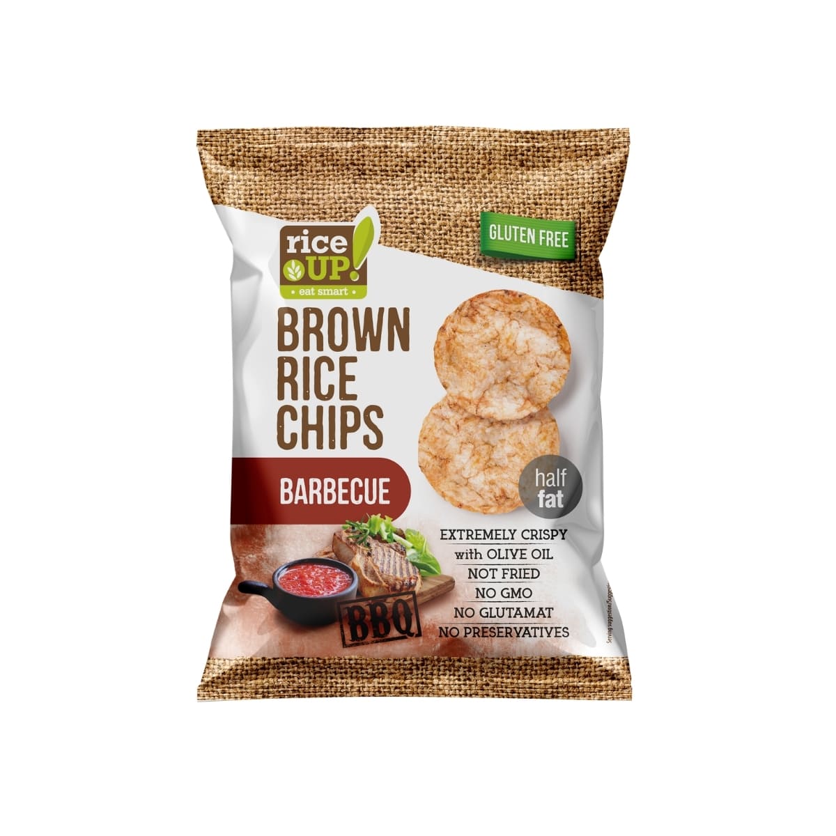 RiceUP! Brown Rice Chips Barbecue 25g RiceUp! Brown Rice Chips Barbecue 25g โ smoky crispy wholegrain snack chips
