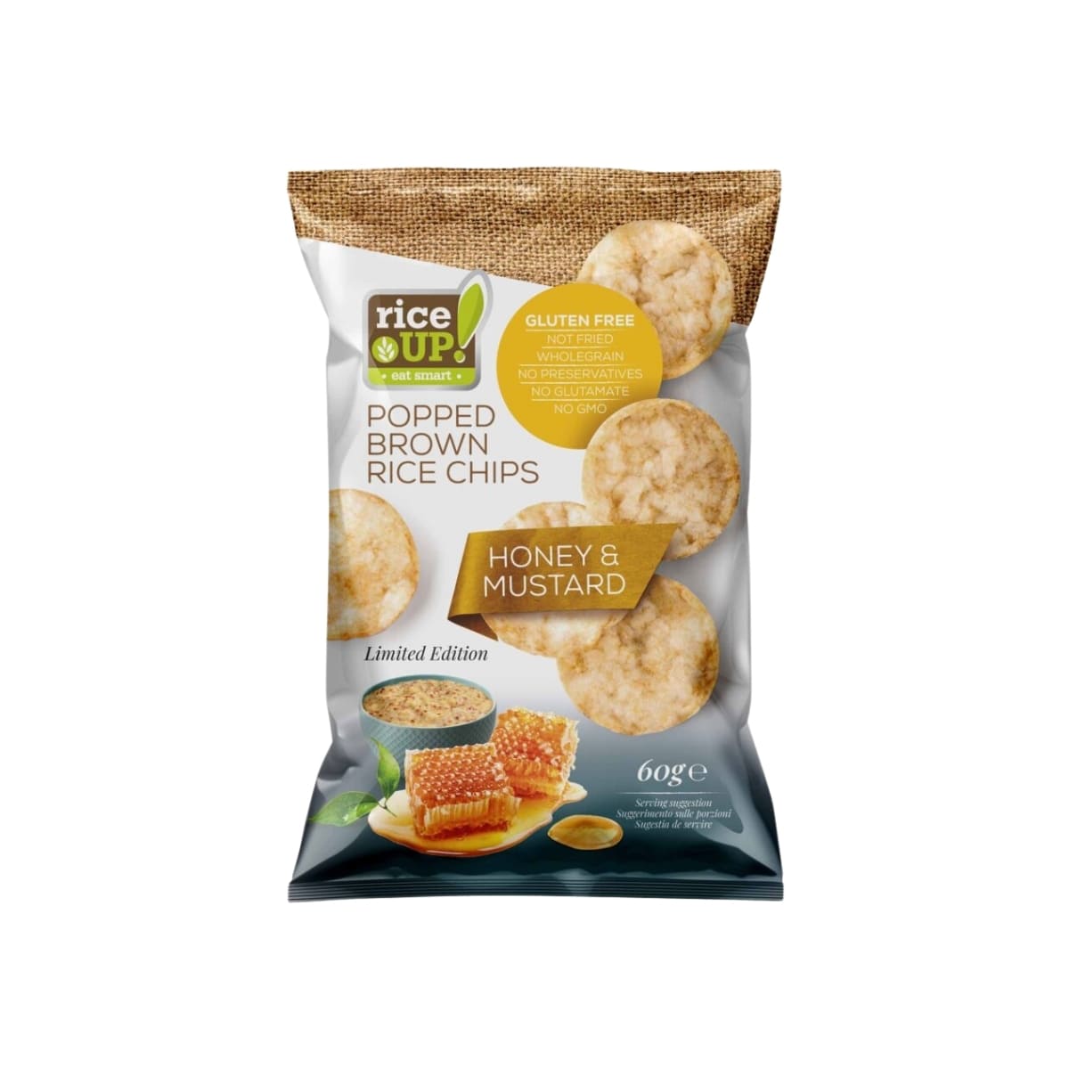RiceUP! Brown Rice Chips Honey and Mustard 60g RiceUp! Brown Rice Chips Honey and Mustard 60g โ sweet and tangy wholegrain snack chips