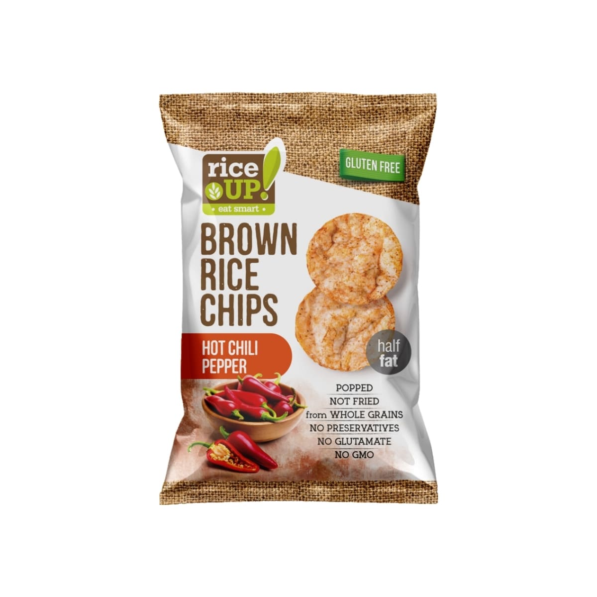 RiceUP! Brown Rice Chips Hot Chili Pepper 25g RiceUp! Brown Rice Chips Hot Chili Pepper 25g โ spicy crispy wholegrain snack chips
