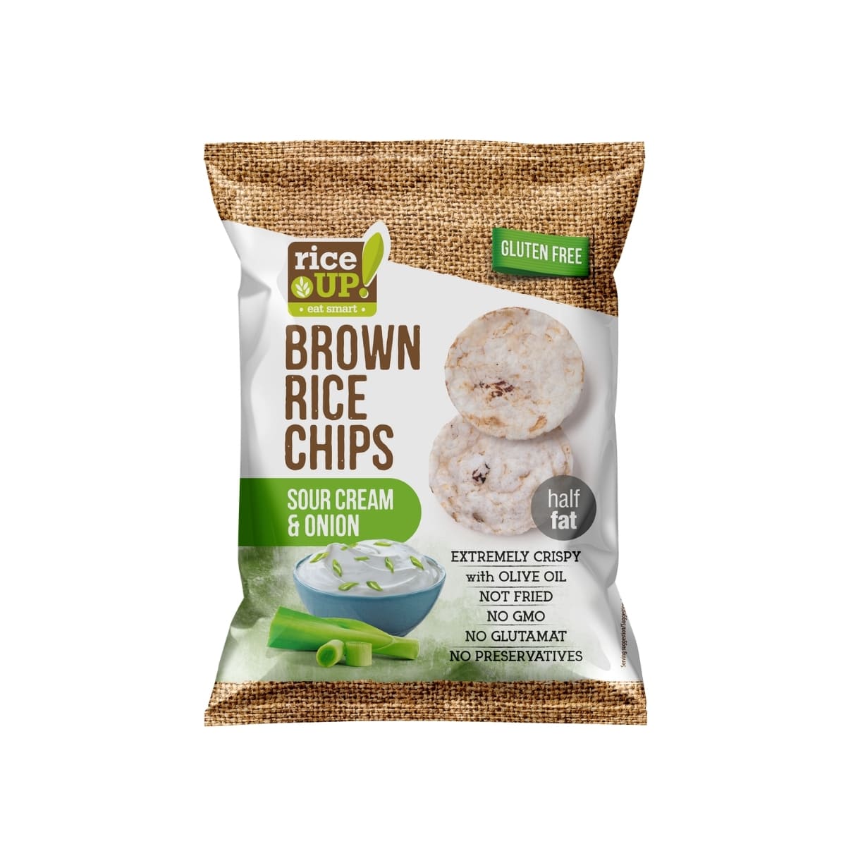 RiceUP! Brown Rice Chips Sour Cream & Onion 25g RiceUp! Brown Rice Chips Sour Cream and Onion 25g โ light crispy wholegrain snack chips