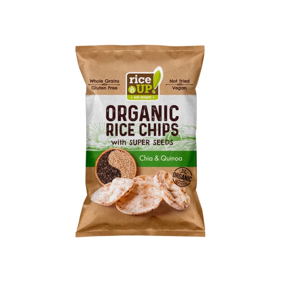 RiceUP! Organic Brown Rice Chips Chia & Quinoa 25g RiceUp! Organic Brown Rice Chips Chia and Quinoa 25g โ healthy wholegrain snack chips