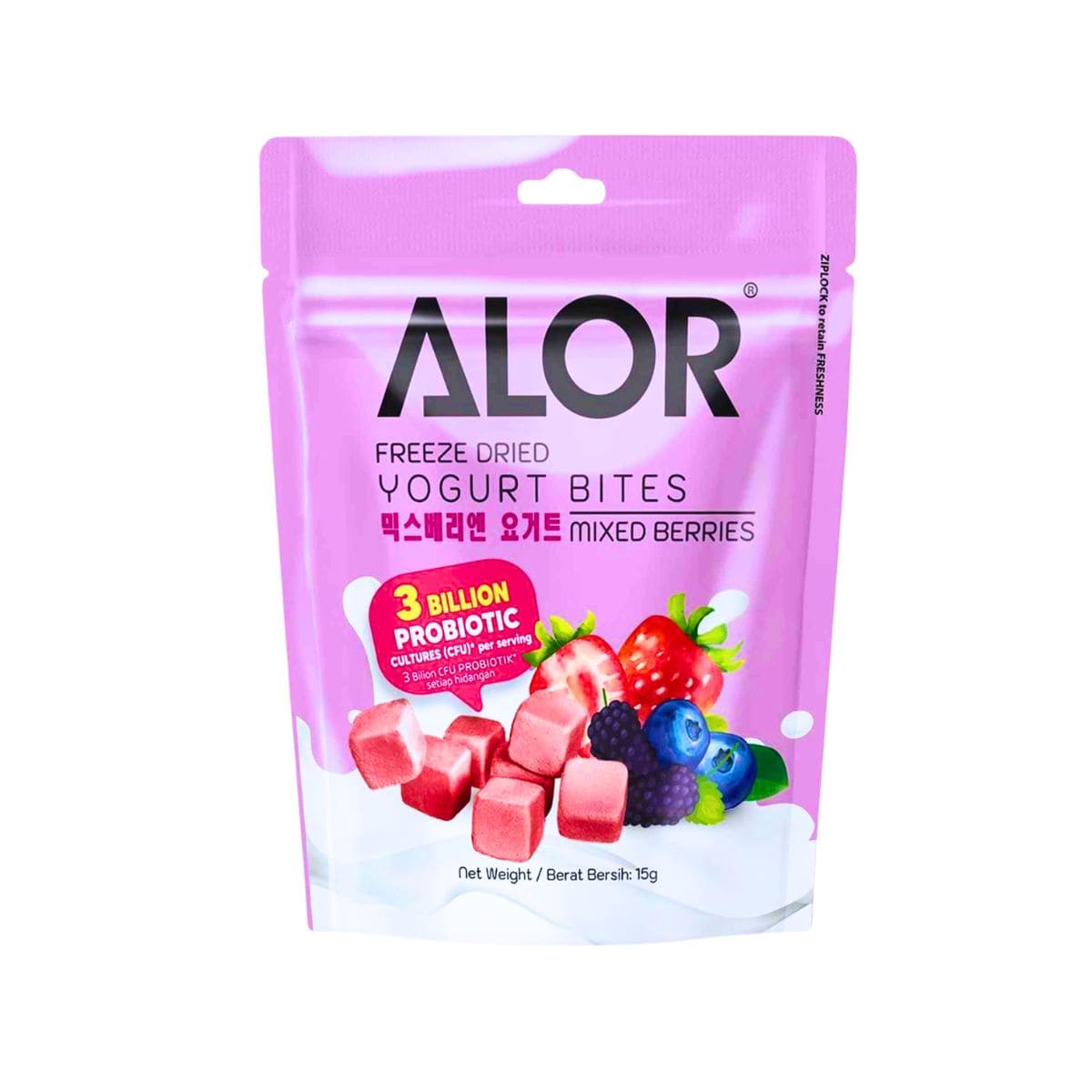 Alor Freeze Dried Yogurt Bites Mixed Berries 15g Alor Freeze Dried Yogurt Bites Mixed Berries 15g – light crunchy freeze-dried yogurt snack