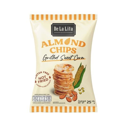 De La Lita Almond Chips Grilled Sweet Corn Flavor 25g De La Lita Almond Chips Grilled Sweet Corn Flavor 25g โ crunchy almond chips with sweet corn flavour