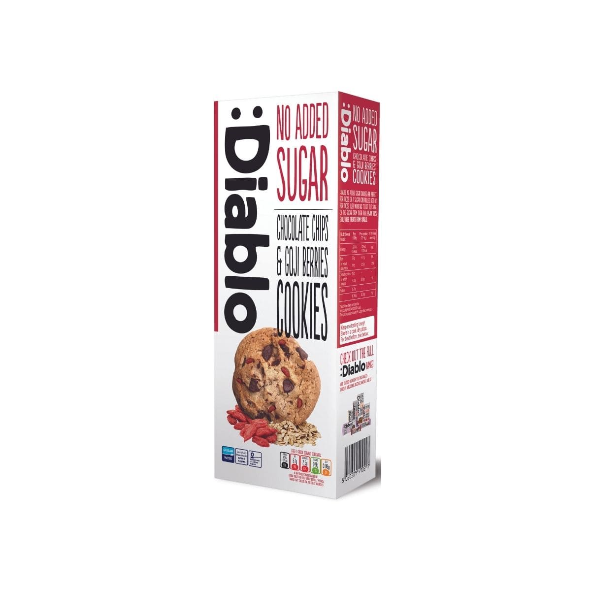 Diablo NAS Choc Chips & Goji Berry Cookies Diablo Sugar-Free Chocolate Chip and Goji Berries Cookies 135g – low sugar superfood cookies