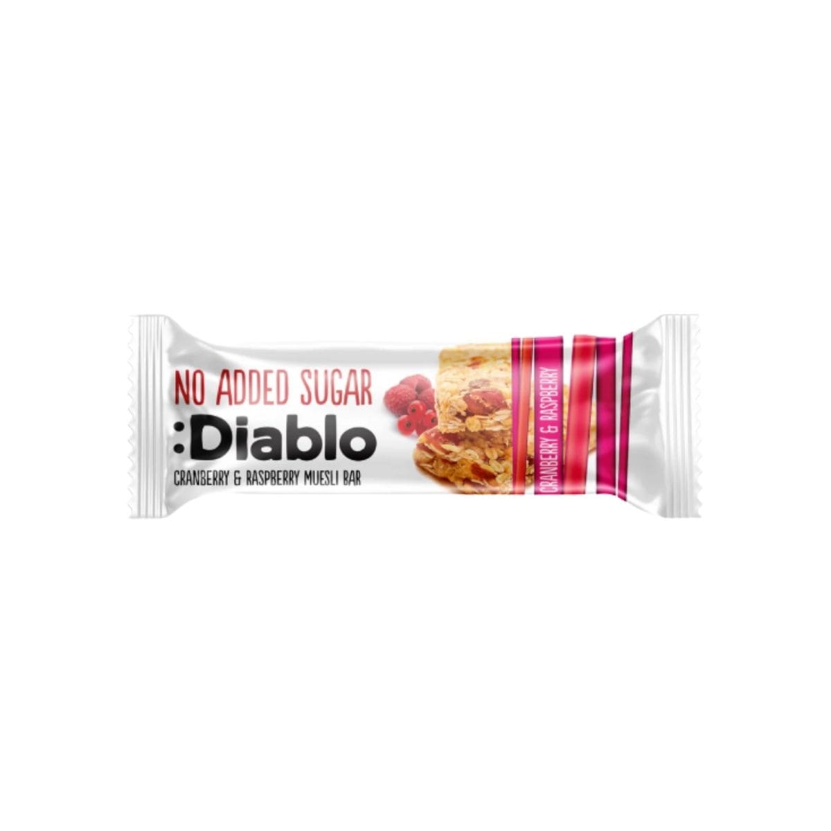 Diablo NAS Cranberry & Raspberry Muesli Bar 30g Diablo No Added Sugar Cranberry and Raspberry Muesli Bar 30g โ low sugar fruity muesli snack bar
