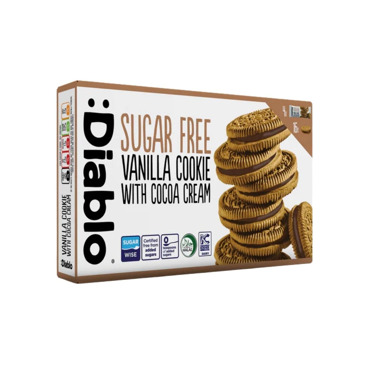 Diablo Sugar Free Vanilla Sandwich Cookies with Cocoa Cream 176g Diablo Sugar-Free Vanilla Sandwich Cookies with Cocoa Cream 4 x 44g – low sugar indulgent sandwich cookies