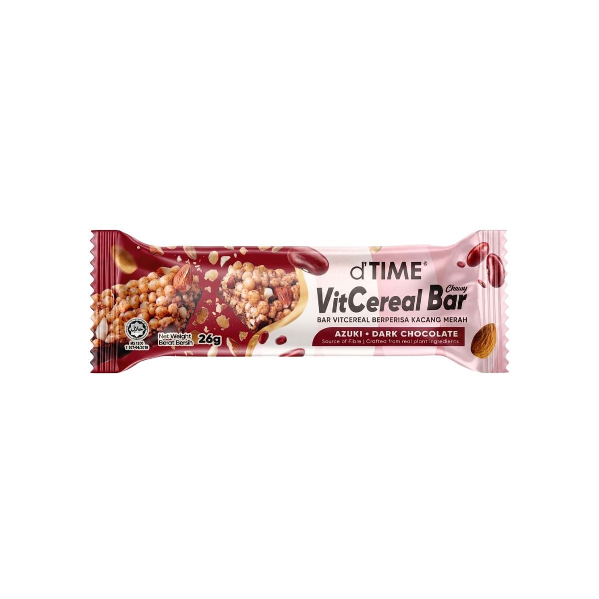 d'TIME VitCereal Chewy Bar Azuki & Dark Chocolate 26g d'TIME VitCereal Chewy Bar Azuki Red Bean & Dark Chocolate 26g — packaged chewy cereal bar with azuki red beans, almonds, and dark chocolate, 26g serving