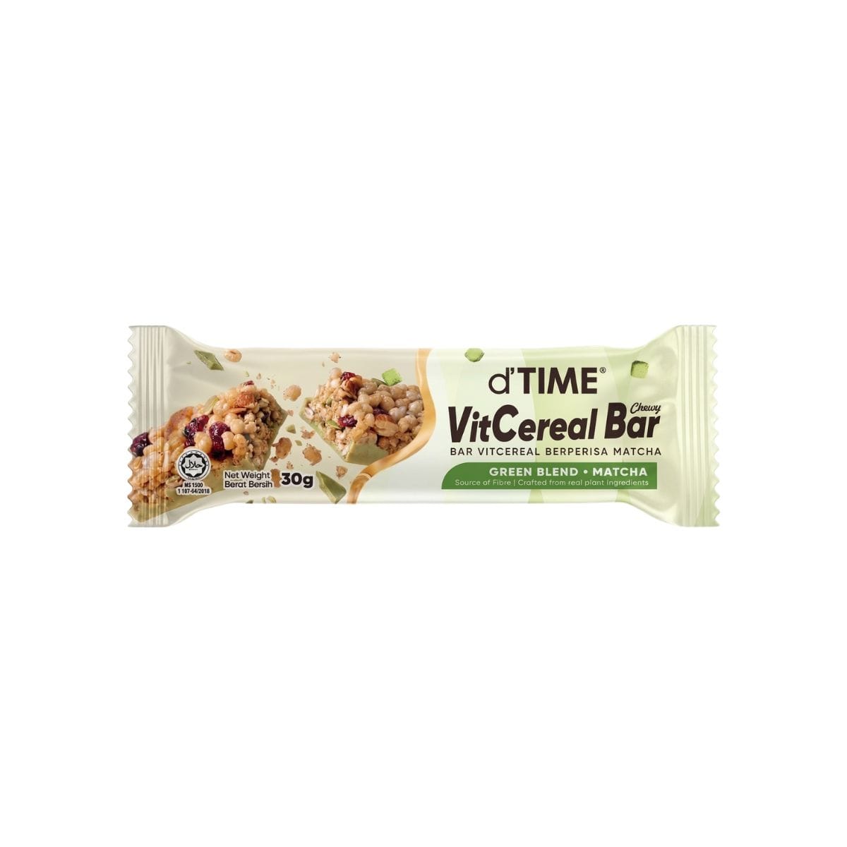 d'TIME VitCereal Chewy Bar Matcha 30g d'TIME VitCereal Chewy Bar Green Blend & Matcha 30g — packaged chewy cereal bar with matcha white chocolate, nuts, seeds and dried cranberries, 30g single serving