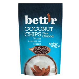 Bett'r Organic Coconut Chips Fine Cocoa 40g – organic coconut chips with rich fine cocoa, dairy-free chocolate snack