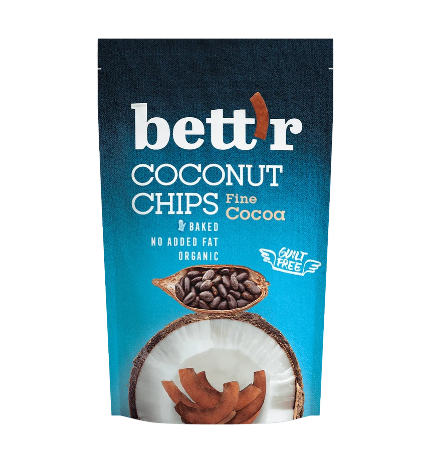 Bett’r Organic Coconut Chips Fine Cocoa 40g Bett'r Organic Coconut Chips Fine Cocoa 40g – organic coconut chips with rich fine cocoa, dairy-free chocolate snack