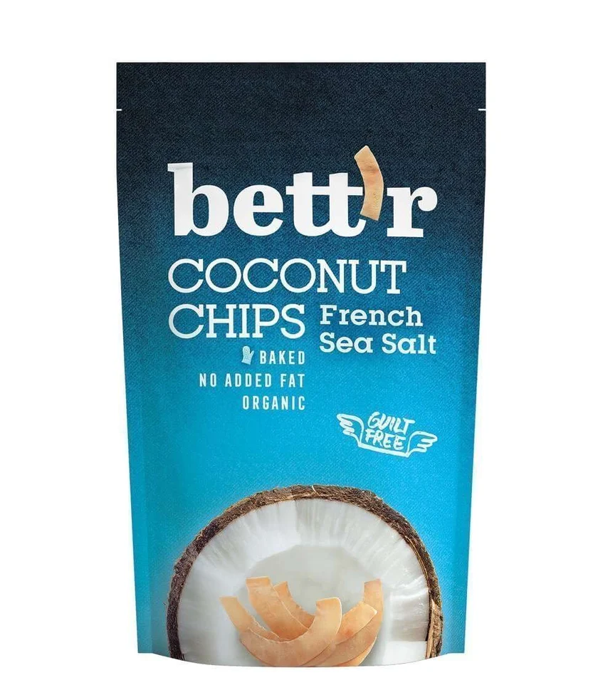 Bett’r Organic Coconut Chips French Sea Salt 40g Bett'r Organic Coconut Chips French Sea Salt 40g – pure organic coconut chips lightly seasoned with French sea salt
