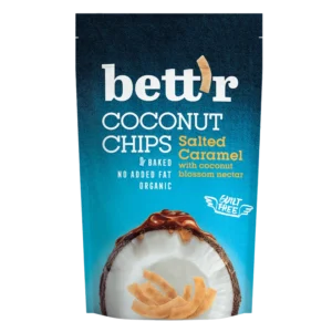 Bett'r Organic Coconut Chips Salted Caramel 40g – crispy organic coconut snack with rich salted caramel flavour