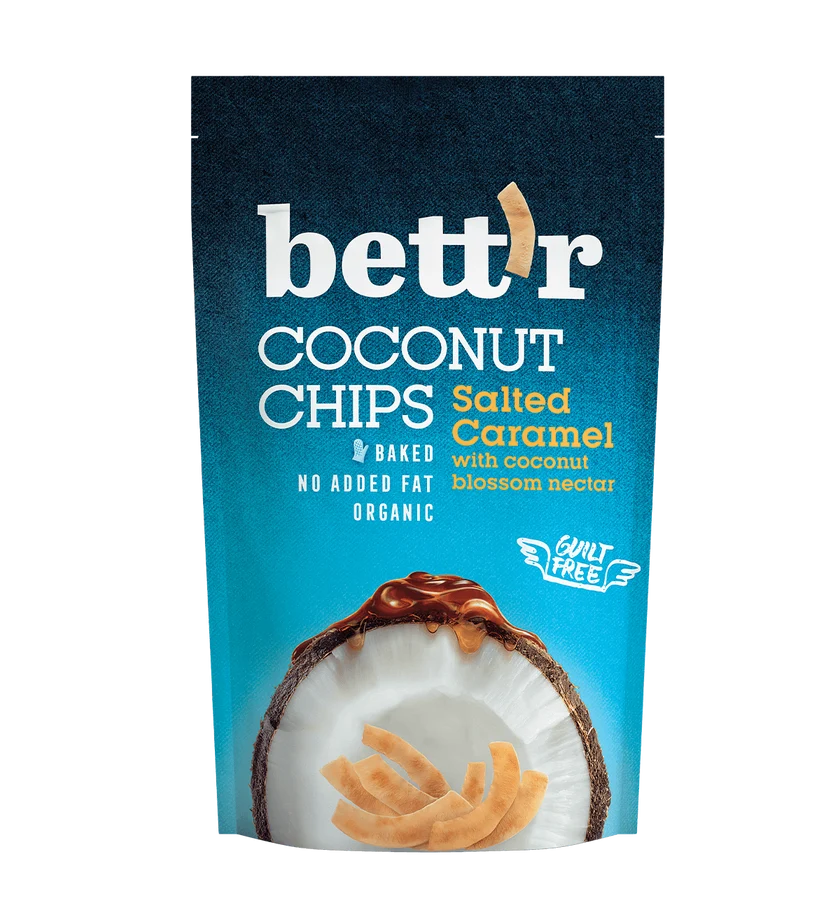 Bett’r Organic Coconut Chips Salted Caramel 40g Bett'r Organic Coconut Chips Salted Caramel 40g – crispy organic coconut snack with rich salted caramel flavour
