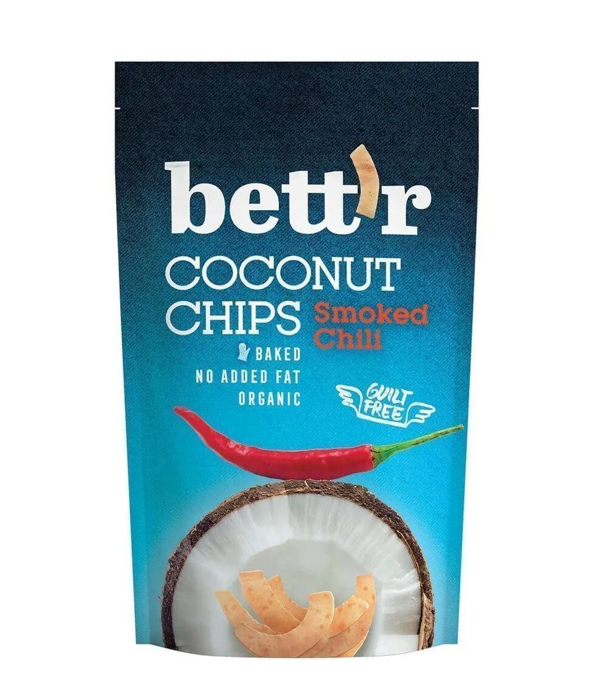 Bett’r Organic Coconut Chips Smoke Chilli 40g Bett'r Organic Coconut Chips Smoke Chilli 40g – crunchy organic coconut chips with smoky spicy chilli taste